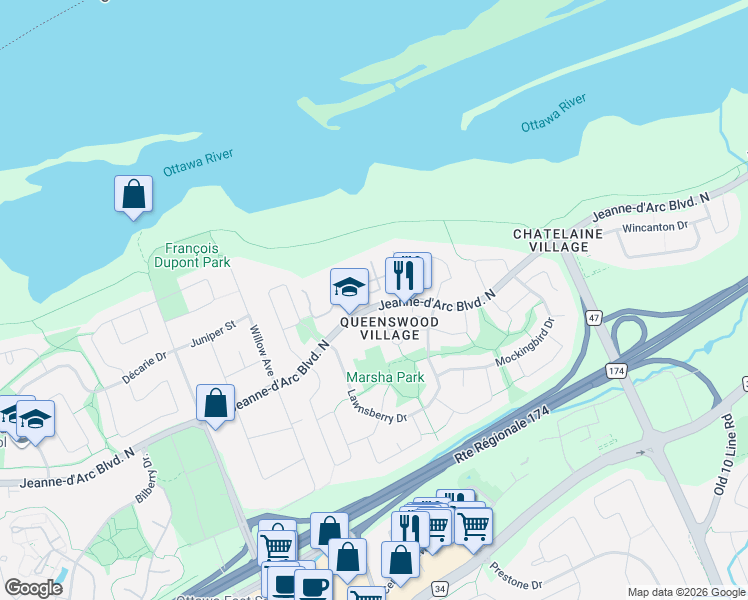 map of restaurants, bars, coffee shops, grocery stores, and more near 220 Millroad Way in Ottawa