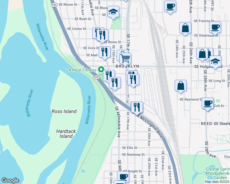 map of restaurants, bars, coffee shops, grocery stores, and more near 4780 Southeast Milwaukie Avenue in Portland