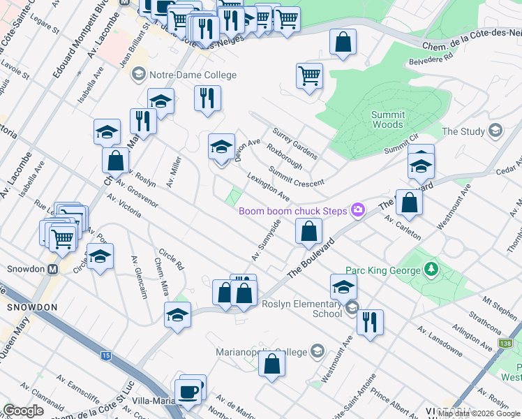 map of restaurants, bars, coffee shops, grocery stores, and more near in Westmount