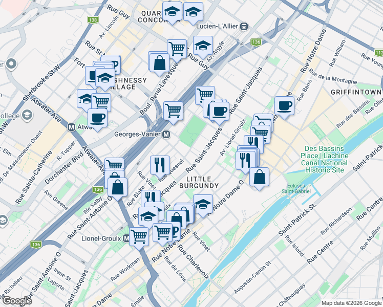 map of restaurants, bars, coffee shops, grocery stores, and more near 2100 Rue Quesnel in Montréal