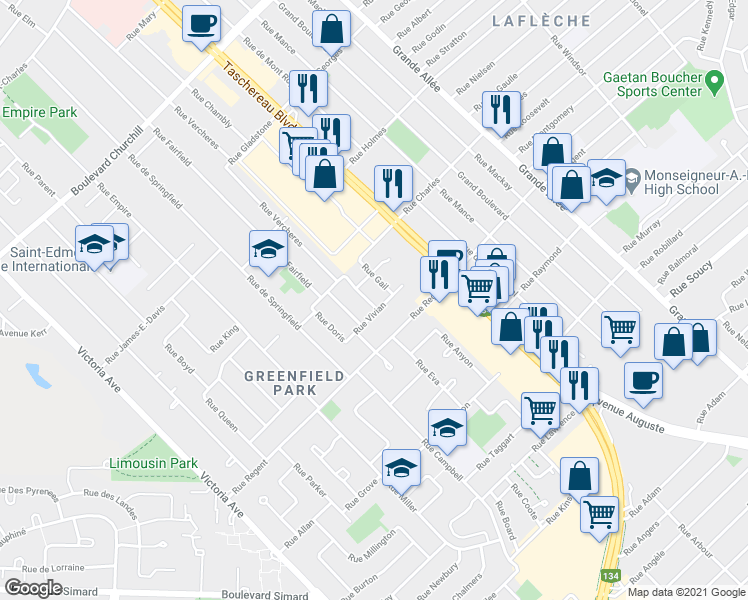 map of restaurants, bars, coffee shops, grocery stores, and more near 580 Rue Dorothy in Longueuil