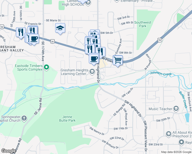 map of restaurants, bars, coffee shops, grocery stores, and more near 4532 Southwest 11th Street in Gresham