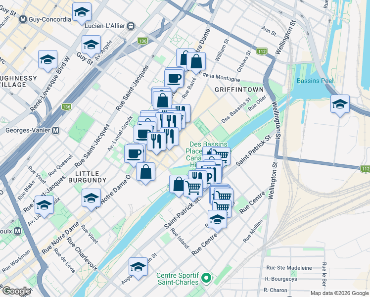 map of restaurants, bars, coffee shops, grocery stores, and more near 315 Rue Richmond in Montréal