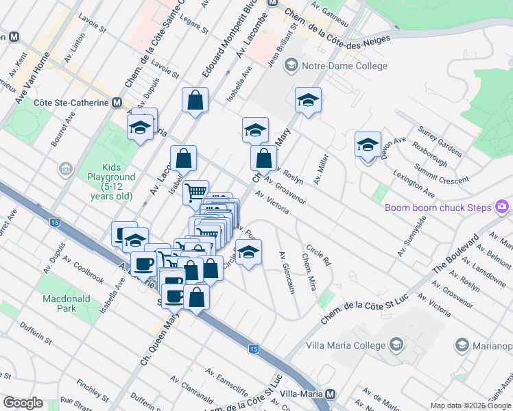 map of restaurants, bars, coffee shops, grocery stores, and more near 5060 Avenue Victoria in Montréal