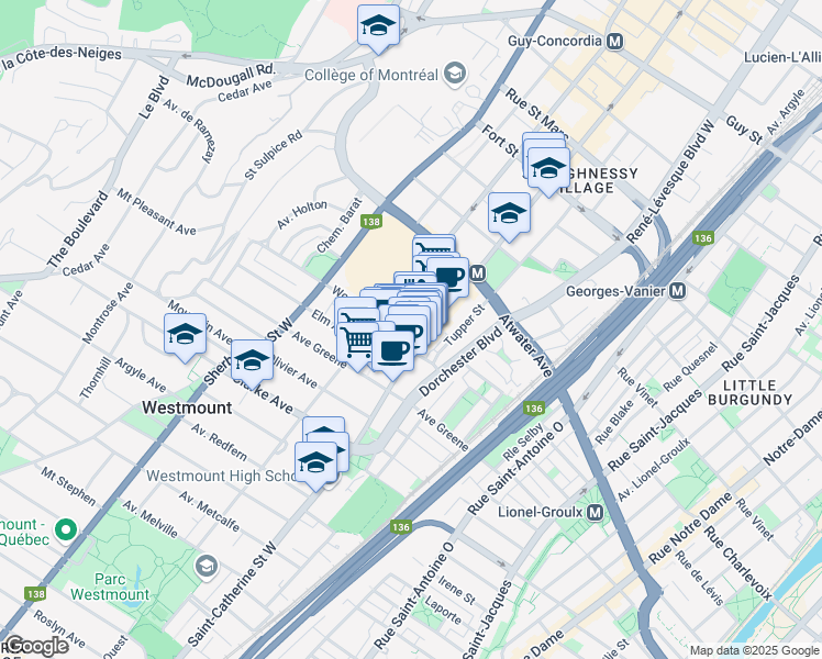 map of restaurants, bars, coffee shops, grocery stores, and more near 1 Avenue Wood in Westmount