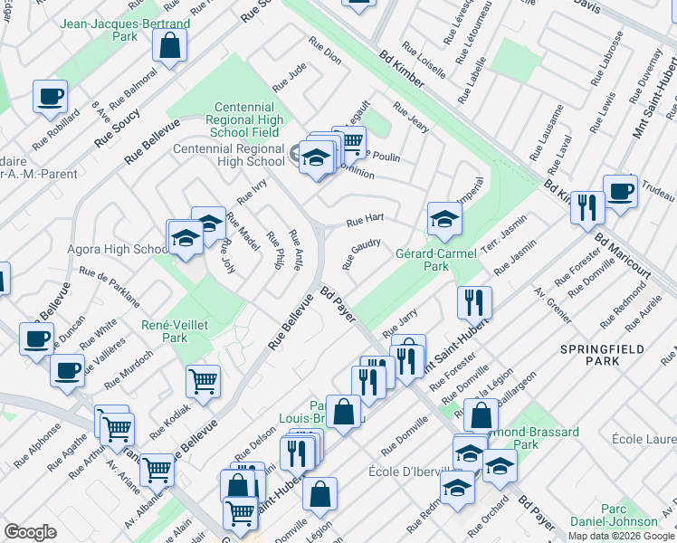 map of restaurants, bars, coffee shops, grocery stores, and more near 858 Rue Gaudry in Longueuil
