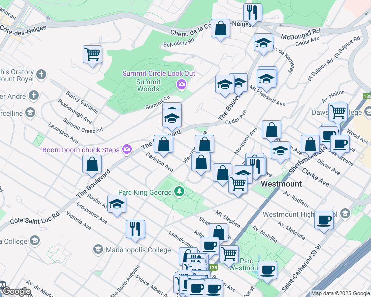 map of restaurants, bars, coffee shops, grocery stores, and more near 64 Avenue Aberdeen in Westmount