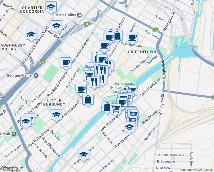 map of restaurants, bars, coffee shops, grocery stores, and more near 288 Rue Richmond in Montreal