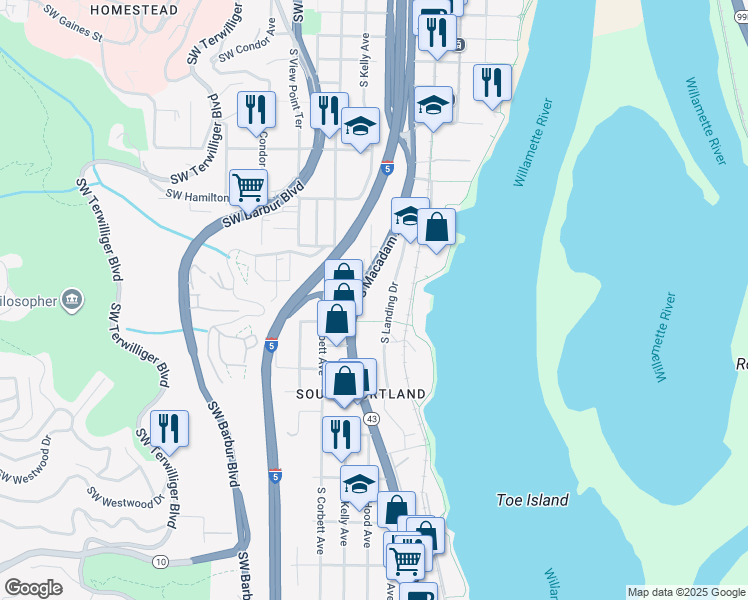 map of restaurants, bars, coffee shops, grocery stores, and more near 4980 South Landing Drive in Portland