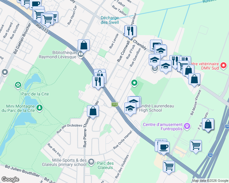 map of restaurants, bars, coffee shops, grocery stores, and more near 2860 Rue Quevillon in Longueuil