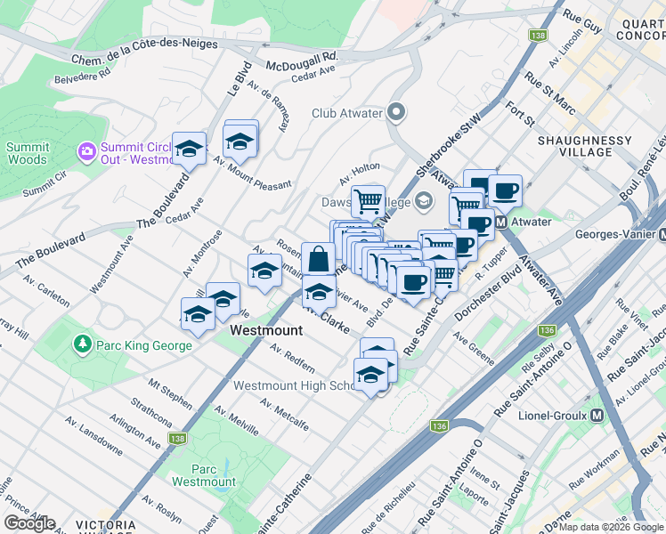 map of restaurants, bars, coffee shops, grocery stores, and more near 1 Rosemount in Westmount