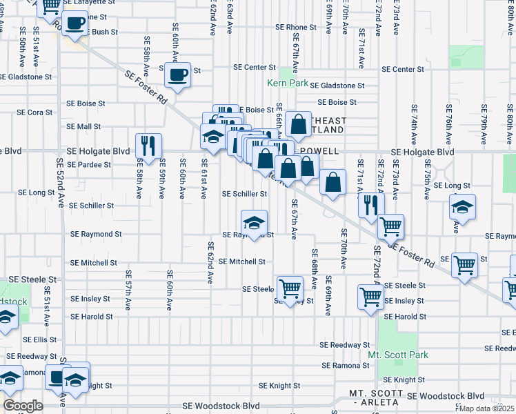 map of restaurants, bars, coffee shops, grocery stores, and more near 4830 Southeast 64th Avenue in Portland