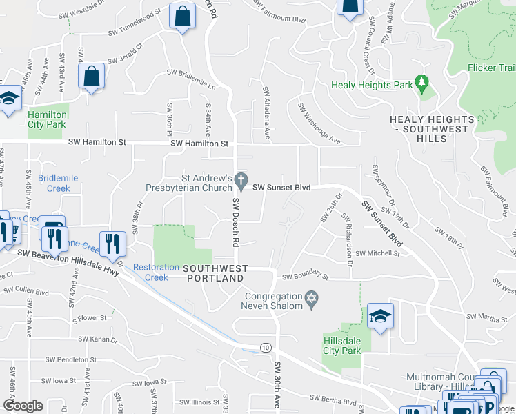 map of restaurants, bars, coffee shops, grocery stores, and more near 4821 Southwest 31st Drive in Portland