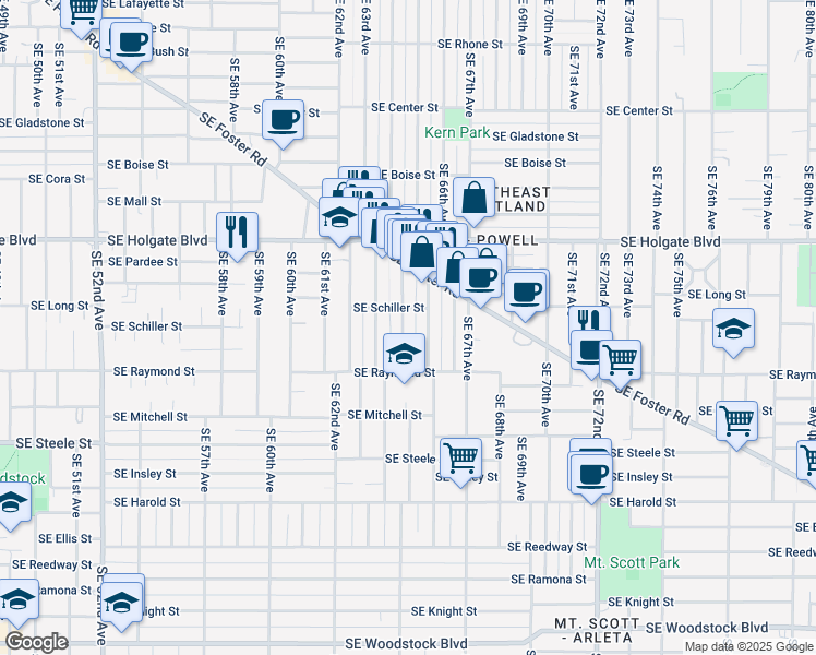 map of restaurants, bars, coffee shops, grocery stores, and more near 4830 Southeast 64th Avenue in Portland