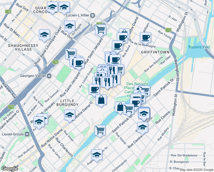 map of restaurants, bars, coffee shops, grocery stores, and more near 420 Rue Saint-Martin in Montréal