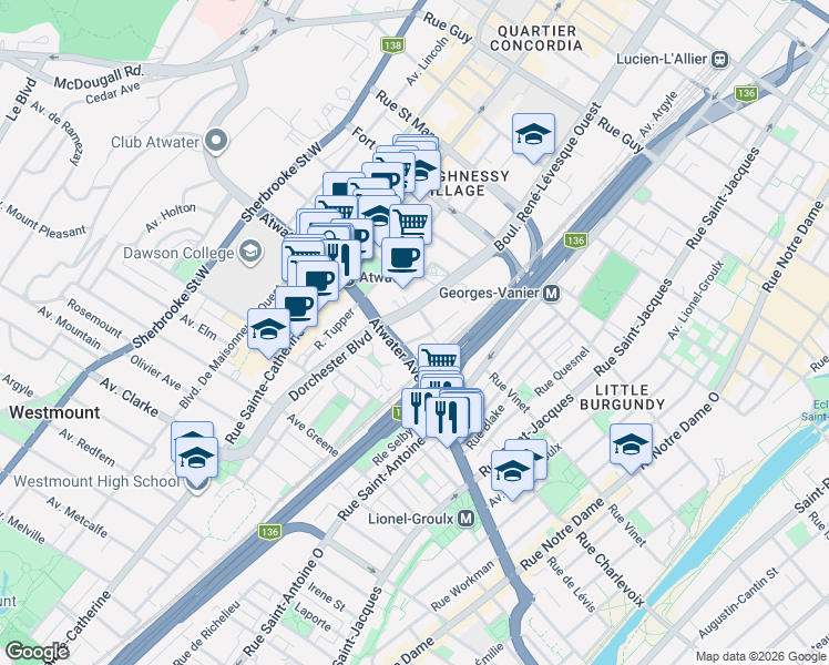 map of restaurants, bars, coffee shops, grocery stores, and more near 2281 Rue du Souvenir in Montréal