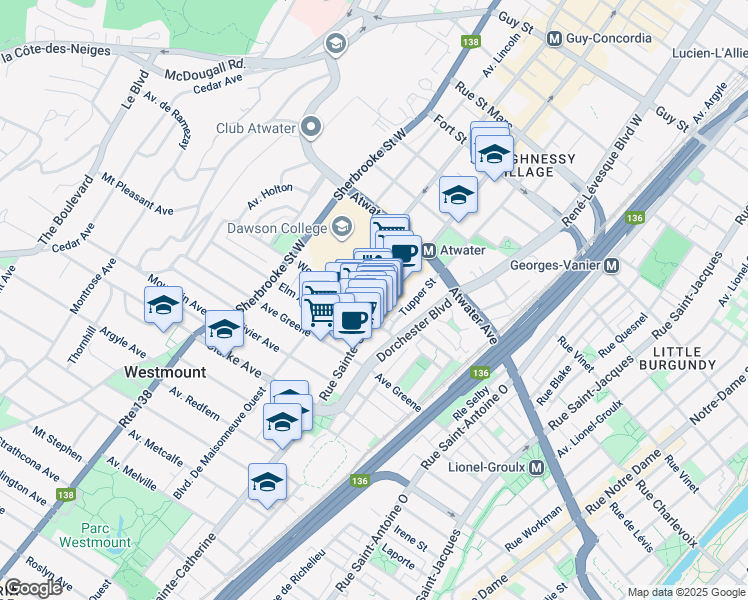 map of restaurants, bars, coffee shops, grocery stores, and more near 4055 Saint-Catherine Street in Westmount
