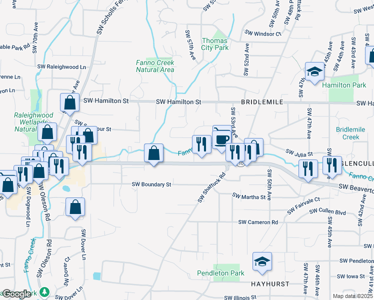 map of restaurants, bars, coffee shops, grocery stores, and more near 5803 Southwest Beaverton Hillsdale Highway in Portland