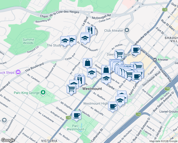 map of restaurants, bars, coffee shops, grocery stores, and more near 451 Avenue Clarke in Westmount