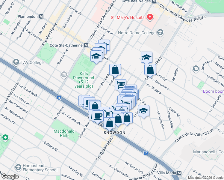 map of restaurants, bars, coffee shops, grocery stores, and more near 4919 Rue Jean-Brillant in Montréal