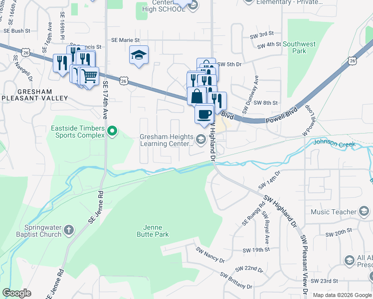 map of restaurants, bars, coffee shops, grocery stores, and more near 4598 Southwest 11th Street in Gresham