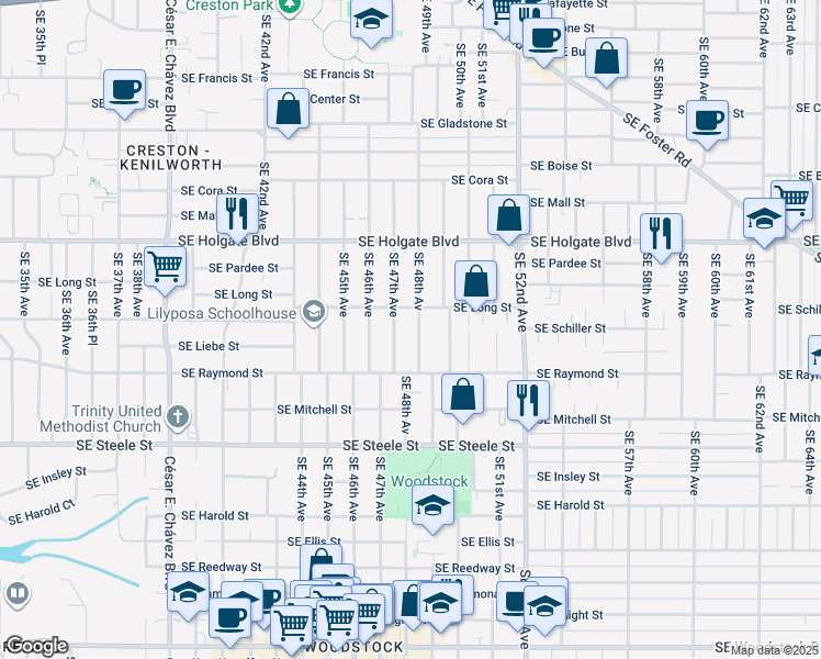 map of restaurants, bars, coffee shops, grocery stores, and more near 4737 Southeast 48th Avenue in Portland