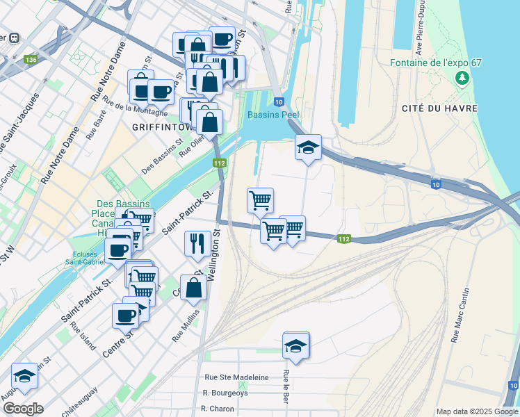 map of restaurants, bars, coffee shops, grocery stores, and more near 455 Rue Bridge in Montreal