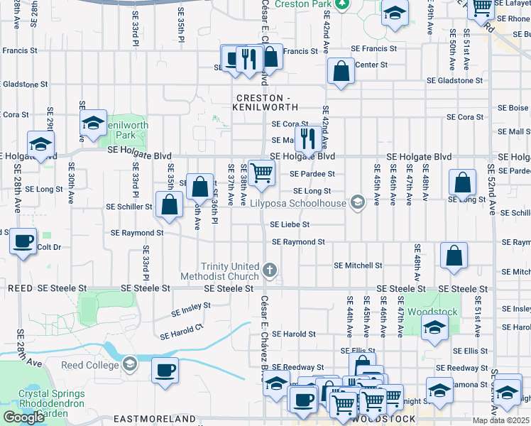 map of restaurants, bars, coffee shops, grocery stores, and more near 3931 Southeast Liebe Street in Portland