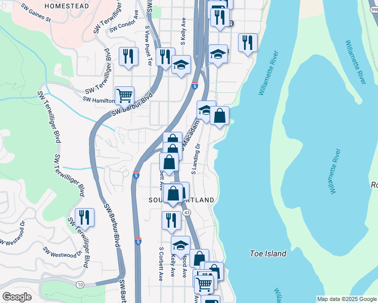 map of restaurants, bars, coffee shops, grocery stores, and more near 4980 South Landing Drive in Portland