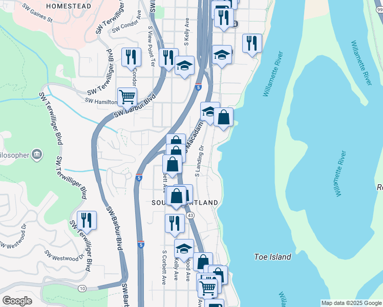 map of restaurants, bars, coffee shops, grocery stores, and more near 4980 South Landing Drive in Portland