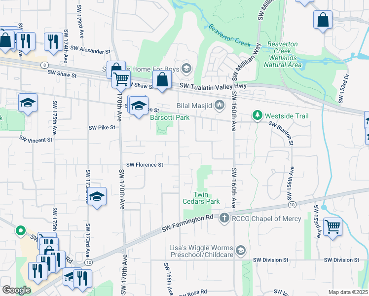map of restaurants, bars, coffee shops, grocery stores, and more near 4485 Southwest 165th Avenue in Beaverton