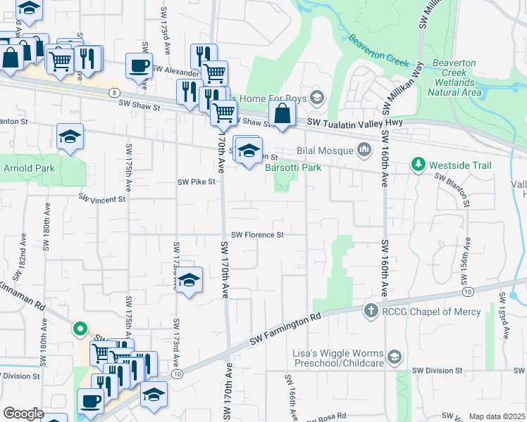 map of restaurants, bars, coffee shops, grocery stores, and more near 16800 Southwest Naples Court in Aloha