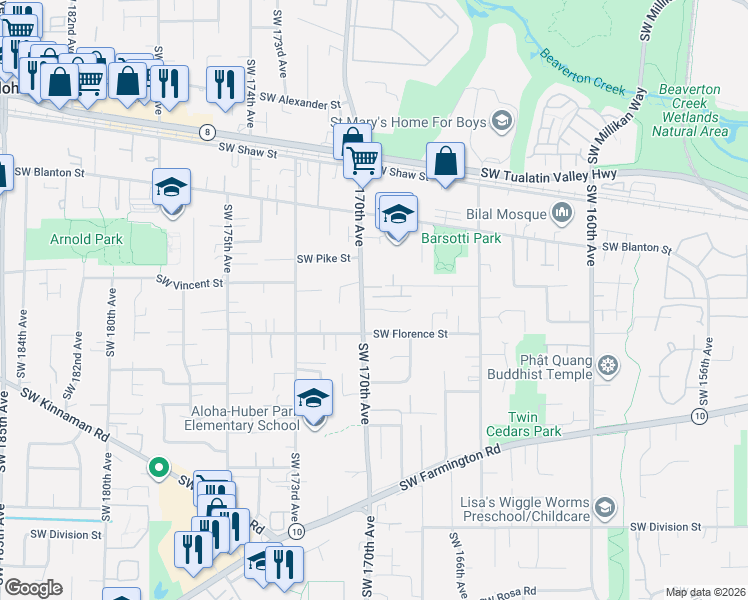 map of restaurants, bars, coffee shops, grocery stores, and more near 16980 Southwest Naples Court in Beaverton
