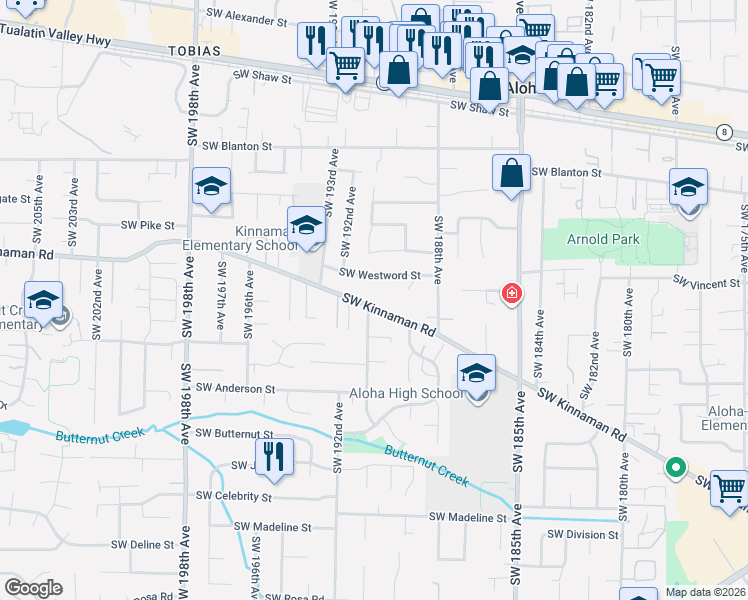 map of restaurants, bars, coffee shops, grocery stores, and more near 19120 Southwest Kinnaman Road in Aloha