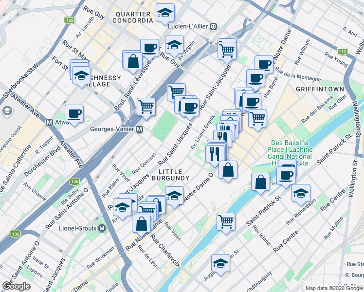 map of restaurants, bars, coffee shops, grocery stores, and more near 1940 Rue Saint-Jacques in Montréal