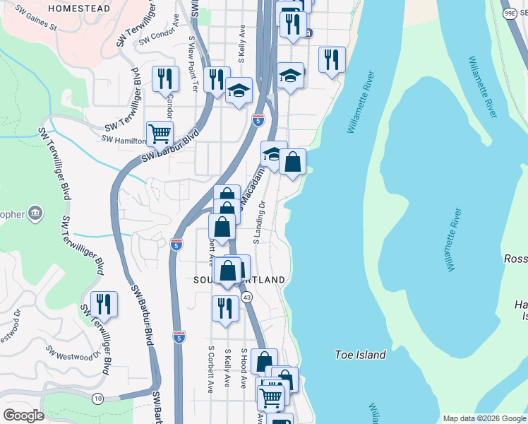 map of restaurants, bars, coffee shops, grocery stores, and more near 4990 South Landing Drive in Portland