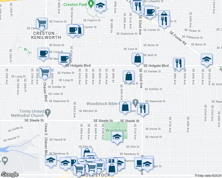 map of restaurants, bars, coffee shops, grocery stores, and more near 4737 Southeast 48th Avenue in Portland