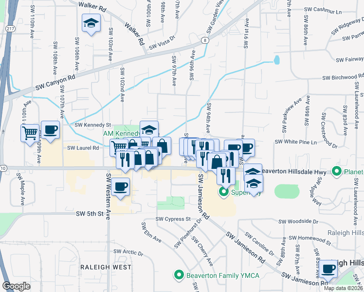 map of restaurants, bars, coffee shops, grocery stores, and more near 4535 Southwest 96th Avenue in Beaverton