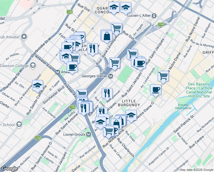 map of restaurants, bars, coffee shops, grocery stores, and more near 2255 Avenue Blanchard in Montréal
