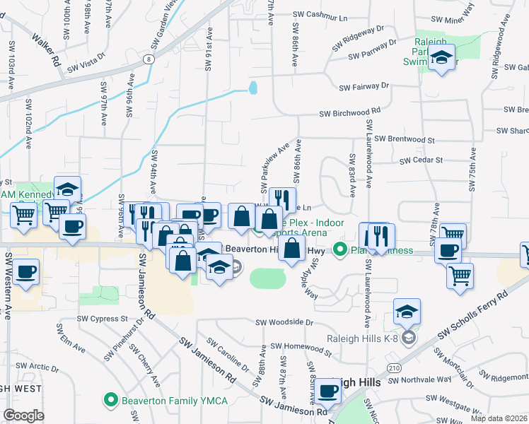 map of restaurants, bars, coffee shops, grocery stores, and more near 8750 Southwest Whitepine Lane in Portland