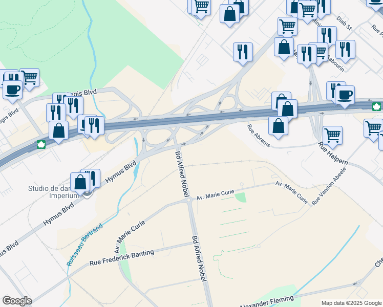 map of restaurants, bars, coffee shops, grocery stores, and more near 2599 Boulevard Alfred Nobel in Montréal
