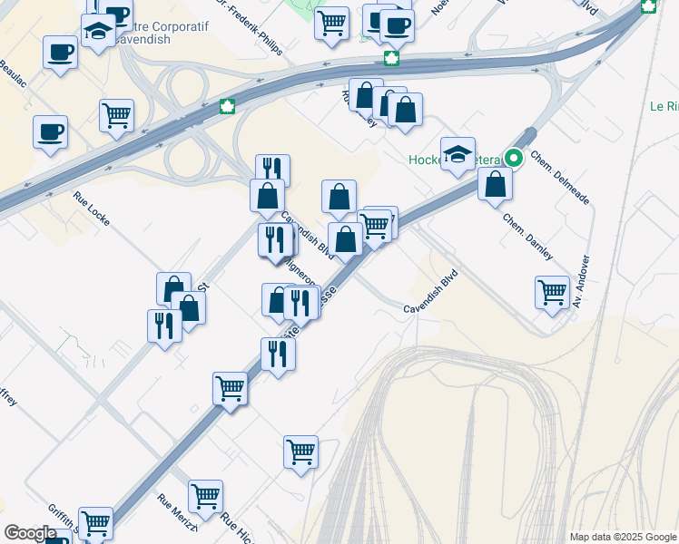 map of restaurants, bars, coffee shops, grocery stores, and more near in Montreal