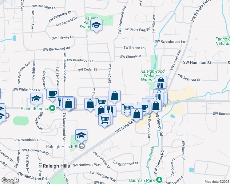 map of restaurants, bars, coffee shops, grocery stores, and more near 7455 Southwest Newton Place in Portland