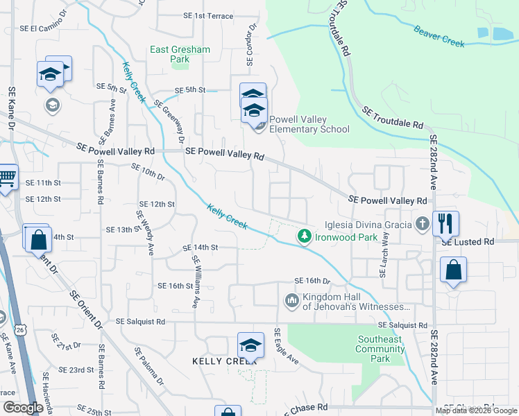 map of restaurants, bars, coffee shops, grocery stores, and more near 4905 Southeast Woodland Drive in Gresham
