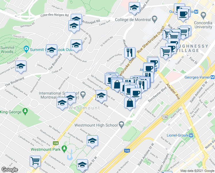 map of restaurants, bars, coffee shops, grocery stores, and more near 400 Avenue Mount Pleasant in Westmount