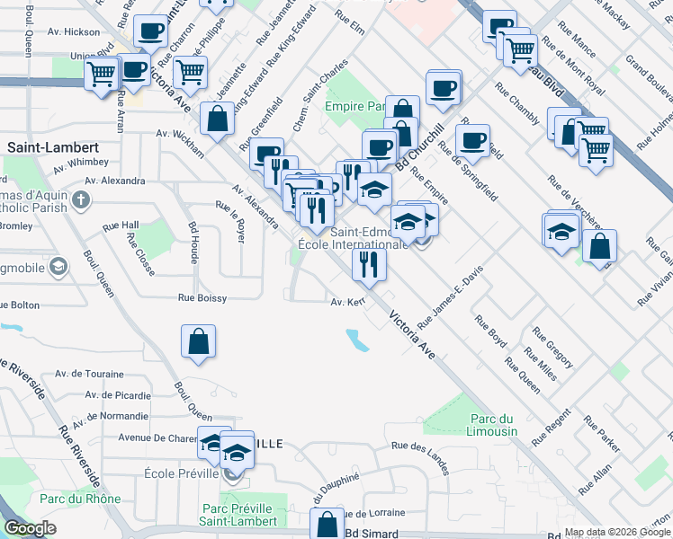 map of restaurants, bars, coffee shops, grocery stores, and more near 1550 Avenue Filion in Saint-Lambert