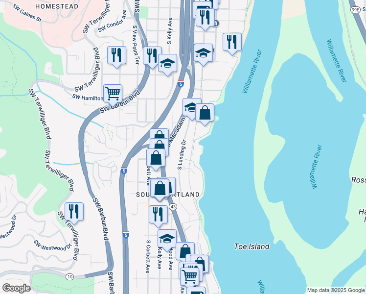 map of restaurants, bars, coffee shops, grocery stores, and more near 4968 Southwest Landing Drive in Portland