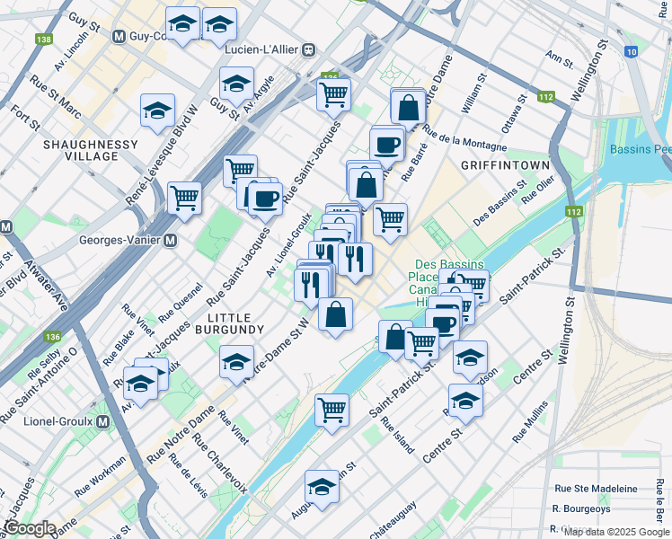 map of restaurants, bars, coffee shops, grocery stores, and more near 1824 Notre-Dame Street West in Montreal