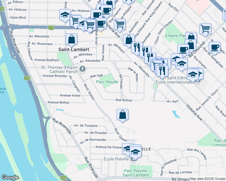 map of restaurants, bars, coffee shops, grocery stores, and more near in Saint-Lambert