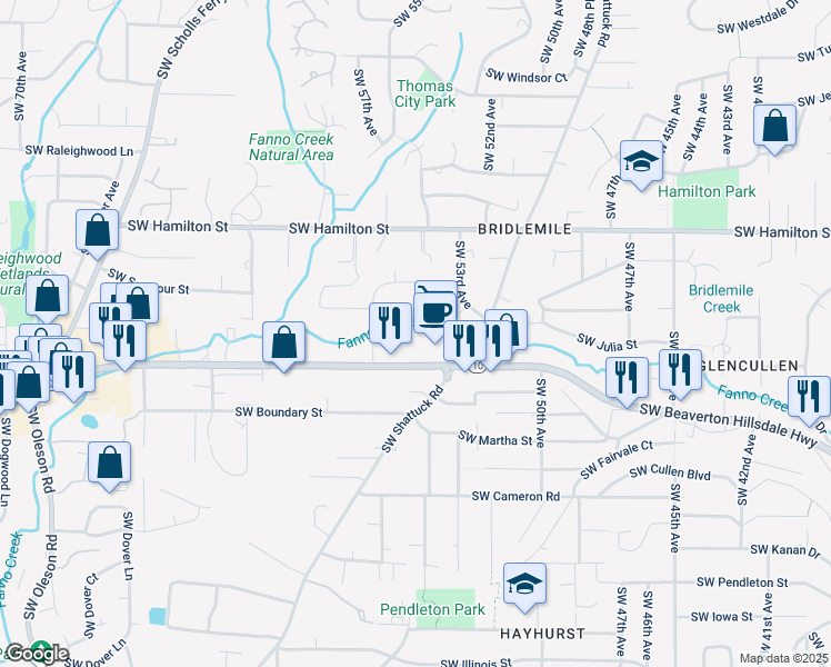 map of restaurants, bars, coffee shops, grocery stores, and more near 5431 Southwest Beaverton Hillsdale Highway in Portland